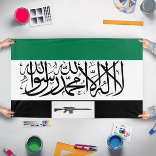 A mockup of the custom flag 'afghan flag' held up on a table during print checking
