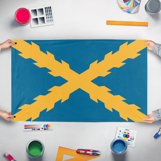 A mockup of the custom flag 'Springistan Battle flag' held up on a table during print checking