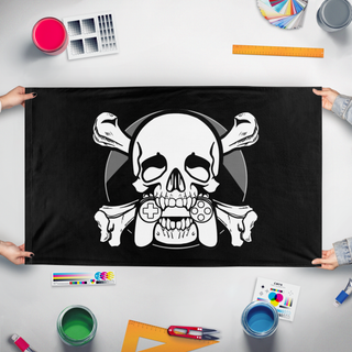 A mockup of the custom flag 'Mutineers flag' held up on a table during print checking