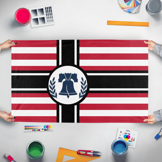 A mockup of the custom flag 'Liberty roots flag' held up on a table during print checking