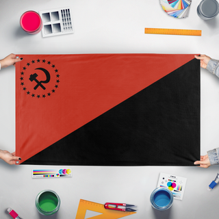 A mockup of the custom flag 'Mashwanism flag' held up on a table during print checking