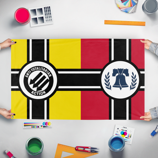 A mockup of the custom flag 'Red yellow flag' held up on a table during print checking