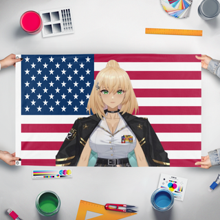 A mockup of the custom flag 'Josies flag' held up on a table during print checking
