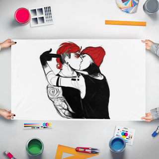 A mockup of the custom flag 'joshler flag' held up on a table during print checking