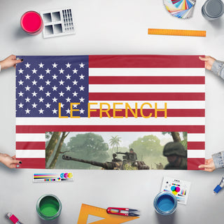 A mockup of the custom flag 'T flag' held up on a table during print checking