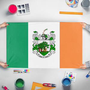 A mockup of the custom flag 'Gealic Empire flag' held up on a table during print checking