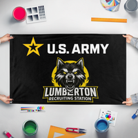 A mockup of the custom flag 'RECRUITING flag' held up on a table during print checking