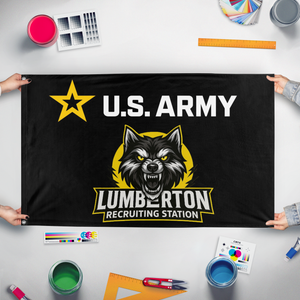 A mockup of the custom flag 'RECRUITING flag' held up on a table during print checking