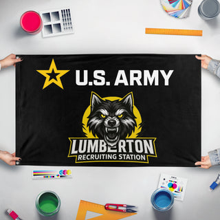 A mockup of the custom flag 'RECRUITING flag' held up on a table during print checking