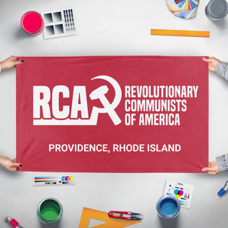A mockup of the custom flag 'PVDRCA flag' held up on a table during print checking