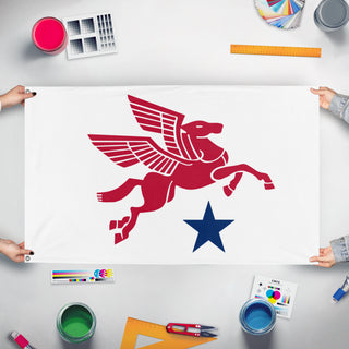 A mockup of the custom flag 'Redesigned Dallas flag' held up on a table during print checking
