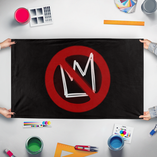 A mockup of the custom flag 'No Kings flag' held up on a table during print checking