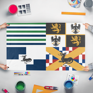A mockup of the custom flag 'rexuranian standard flag' held up on a table during print checking