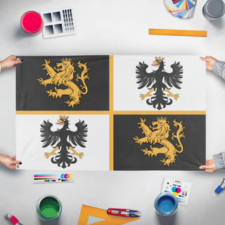 A mockup of the custom flag 'rexuranian standard flag' held up on a table during print checking