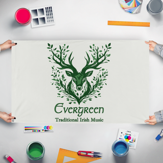 A mockup of the custom flag 'Evergreen Music flag' held up on a table during print checking
