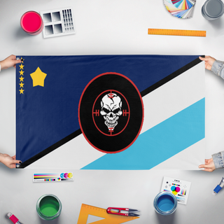 A mockup of the custom flag 'Federation of Soldiers' held up on a table during print checking