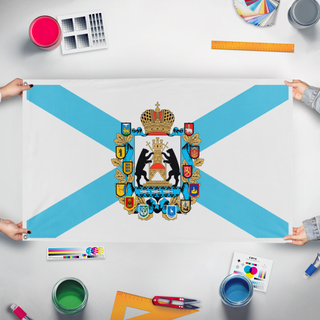 A mockup of the custom flag 'Novgorod Republic flag' held up on a table during print checking