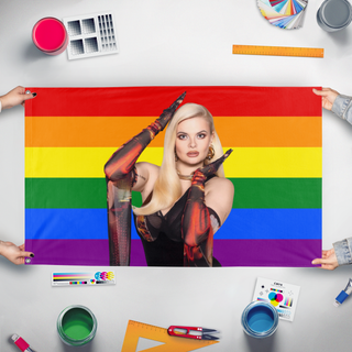 A mockup of the custom flag 'erikavikamn flag' held up on a table during print checking