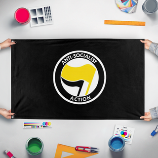 A mockup of the custom flag 'Anti-Socialist action flag' held up on a table during print checking
