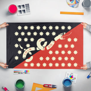 A mockup of the custom flag 'Syndicalist US Navy flag' held up on a table during print checking