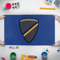 A mockup of the custom flag 'C16 Security Group flag' held up on a table during print checking