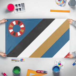 A mockup of the custom flag 'Paleo-Siberian Federation flag' held up on a table during print checking