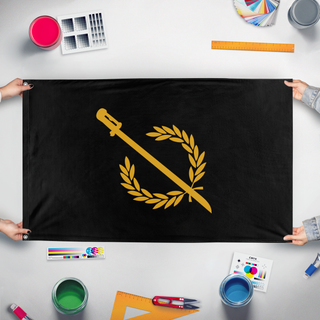 A mockup of the custom flag 'New East Flag' held up on a table during print checking