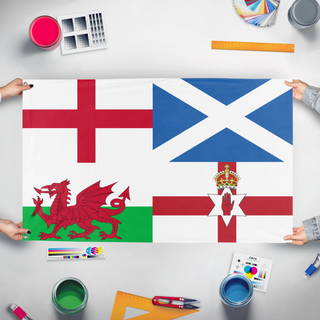 A mockup of the custom flag 'Commonwealth of Britain flag' held up on a table during print checking