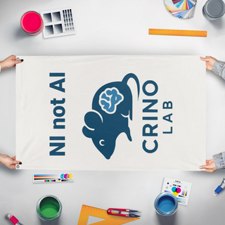 A mockup of the custom flag 'lab flag' held up on a table during print checking