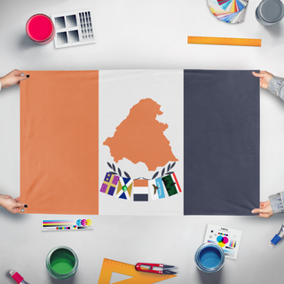 A mockup of the custom flag 'Manahawkin flag' held up on a table during print checking