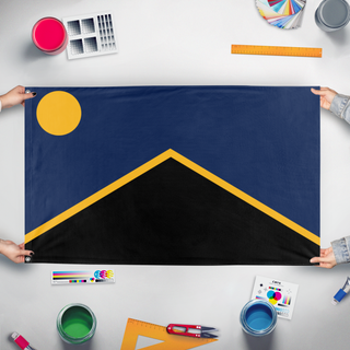 A mockup of the custom flag 'United Republic of Kossia flag' held up on a table during print checking