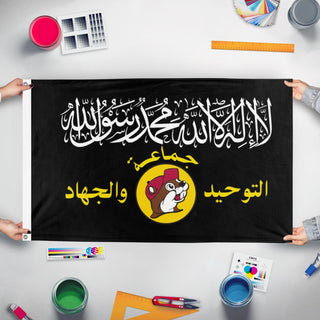 A mockup of the custom flag 'Buc-ee's Caliphate flag' held up on a table during print checking