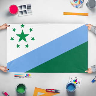 A mockup of the custom flag 'Chagrin Falls, Ohio flag' held up on a table during print checking