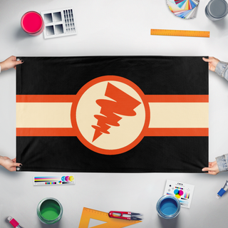 A mockup of the custom flag 'Tetoslavia flag' held up on a table during print checking
