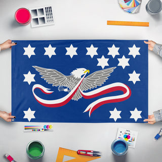 A mockup of the custom flag 'Whiskey Rebellion flag' held up on a table during print checking