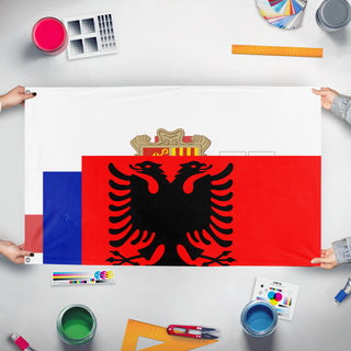 A mockup of the custom flag 'TEST flag' held up on a table during print checking