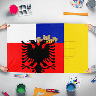 A mockup of the custom flag 'Test flag' held up on a table during print checking