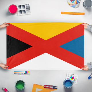 A mockup of the custom flag 'Empire of China flag' held up on a table during print checking