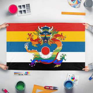 A mockup of the custom flag 'Qing EMpire Beiyang Pride flag' held up on a table during print checking