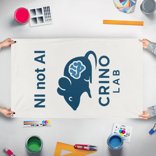 A mockup of the custom flag 'lab flag' held up on a table during print checking