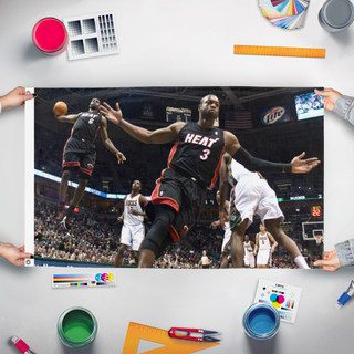 A mockup of the custom flag 'LeBron and Wade Dunk flag' held up on a table during print checking