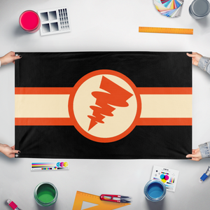 A mockup of the custom flag 'Flag of Tetoslavia' held up on a table during print checking