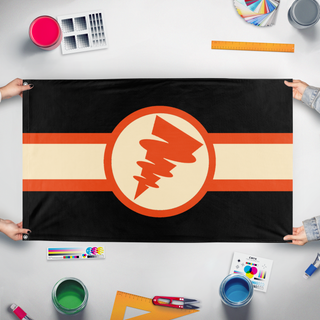 A mockup of the custom flag 'Flag of Tetoslavia' held up on a table during print checking