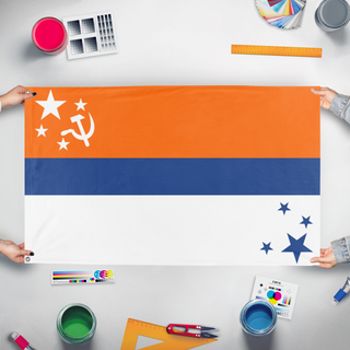 A mockup of the custom flag 'Stargaziyan Soviet Republic flag' held up on a table during print checking