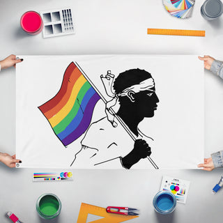 A mockup of the custom flag 'Corsica Pride Flag' held up on a table during print checking