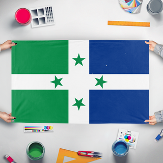 A mockup of the custom flag 'Marshfield, MA flag' held up on a table during print checking