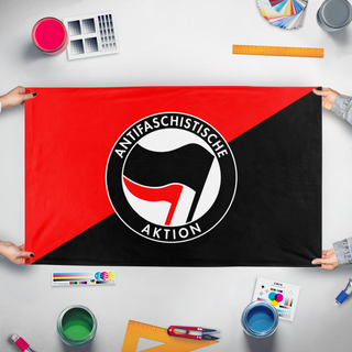 A mockup of the custom flag 'Antifa - Black flag' held up on a table during print checking