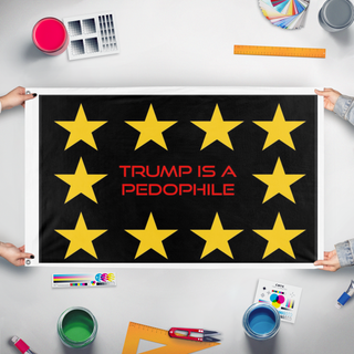 A mockup of the custom flag 'Trump is a pedo flag' held up on a table during print checking