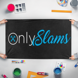 A mockup of the custom flag 'OnlySlams flag' held up on a table during print checking