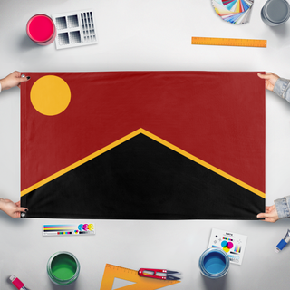 A mockup of the custom flag 'People's Republic of Kossia flag' held up on a table during print checking